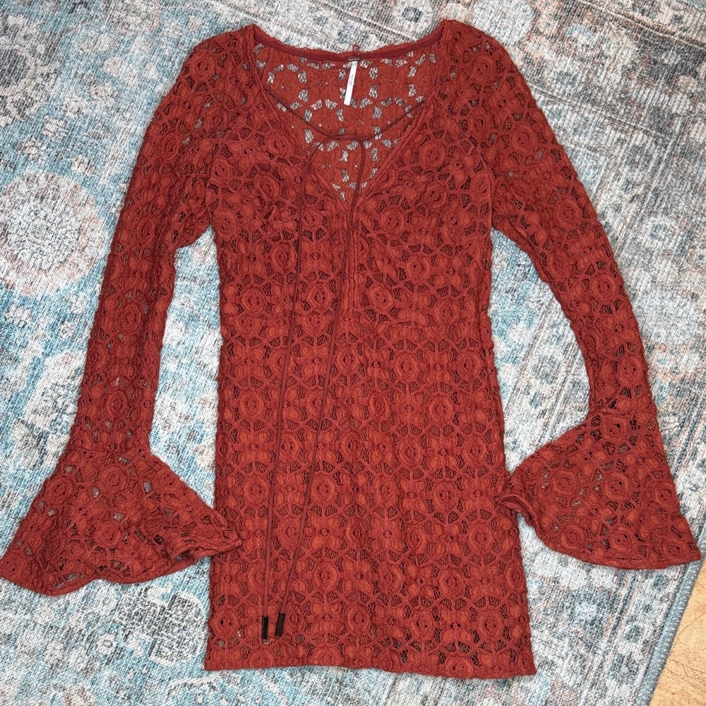 Free People Terracotta Lace Crotched Mini Dress Bell Sleeves Slim Fit -2 - Picture 3 of 14